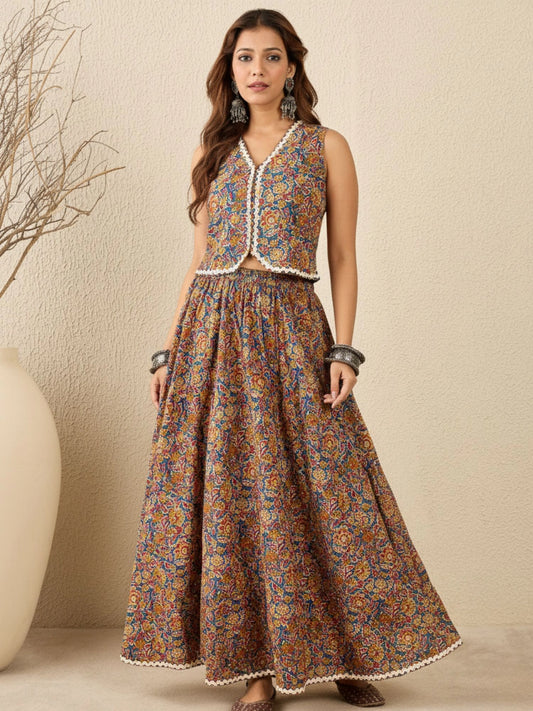 Women Printed Cotton Lace detailing Waistcoat with Skirt Co-ord Set