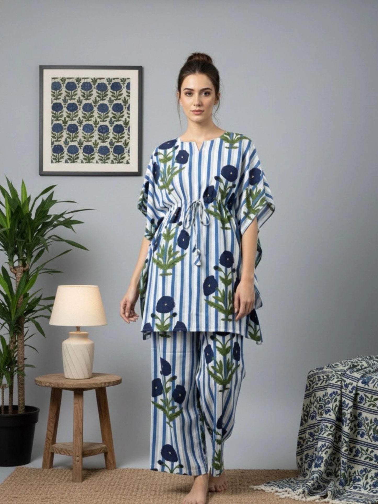 Women Blue Floral Kaftan Night-Suit Set