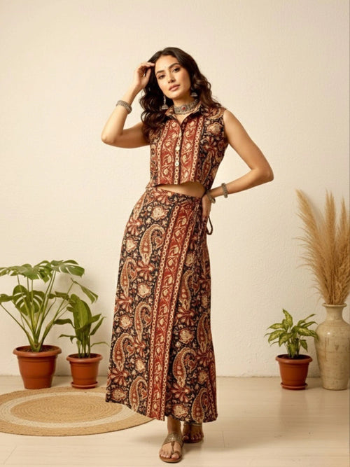 Women's Ethnic Printed Sleeveless Crop Shirt & Tie-Up Wrap Skirt Set