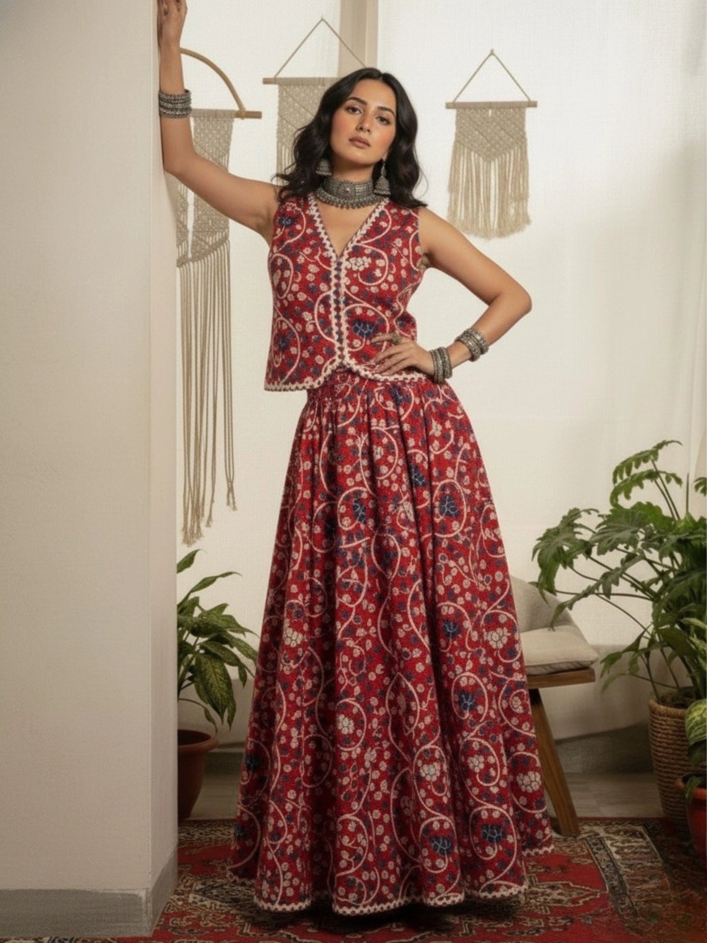 Women Red Cotton Lace detailing Waistcoat with Skirt Co-ord Set