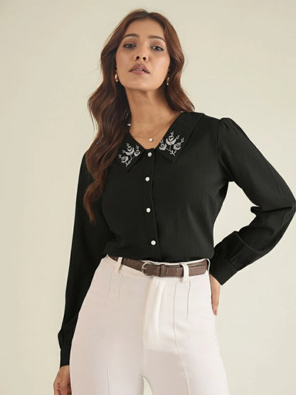 WineRed Women Black Collared Shirt with Contrast Embriodery