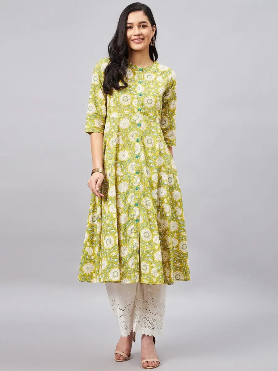 winered-women-yellow-floral-a-line-front-slit-kurta