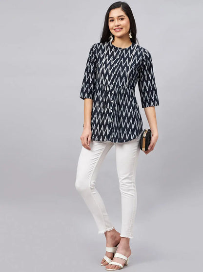 winered-women-black-and-white-summer-tunic-tops-ikat-print-front-opening