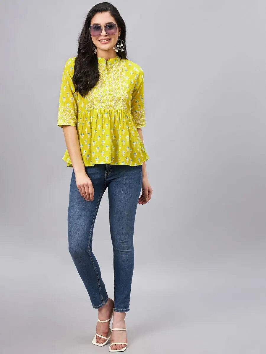 winered-women-lime-green-printed-top-with-gota-detailing-at-yoke