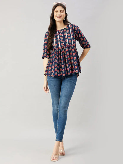 winered-women-blue-floral-print-yoke-lace-top