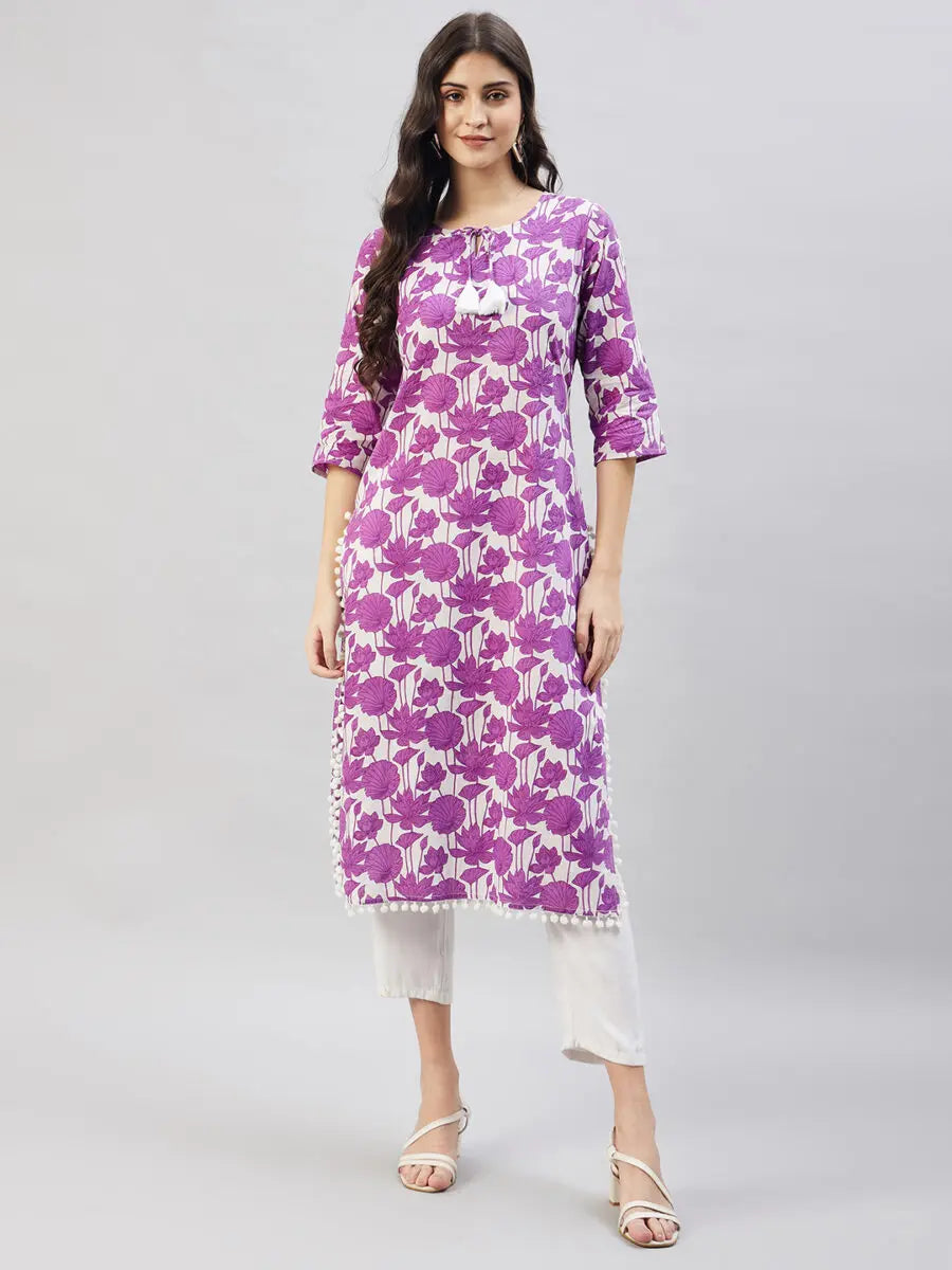 winered-women-purple-cotton-kurta-print-pom-pom-lace
