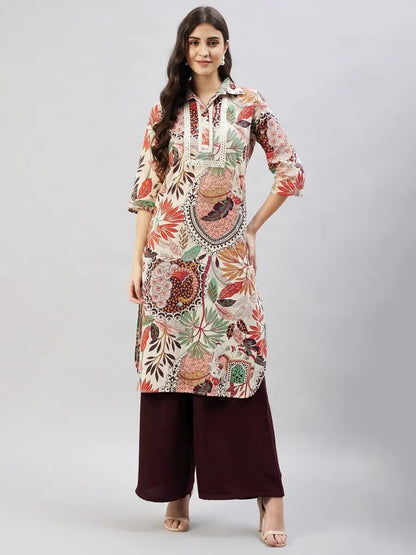 winered-women-beige-peacock-print-embroidered-neck-kurta