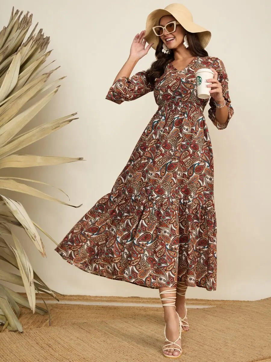 winered-women-paisley-print-waist-cut-out-brown-midi-dress
