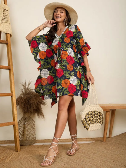 winered-women-navy-blue-floral-print-frill-kaftan-dress