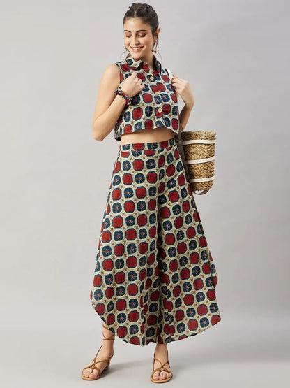 winered-woman-brown-and-orange-box-print-co-ord-set