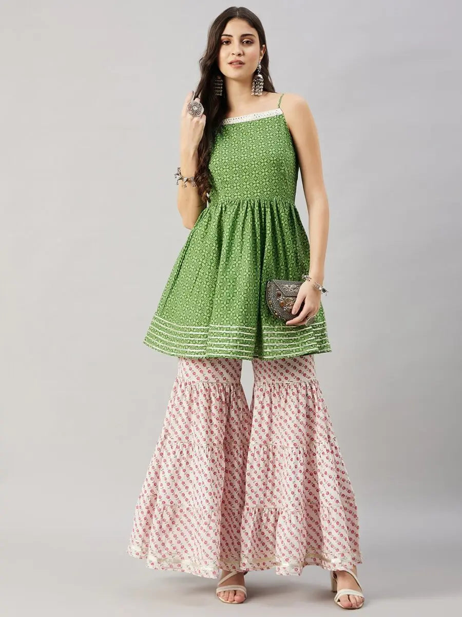 WineRed Woman Green Flared Kurti & Sharara Set - Winered