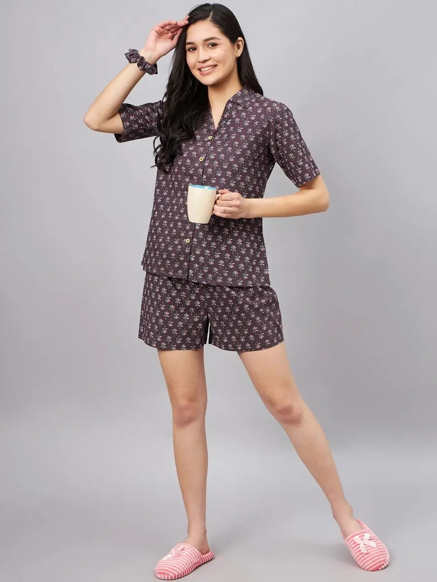 winered-woman-brown-lotus-print-with-shorts-night-suit-set