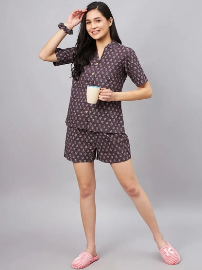 winered-woman-brown-lotus-print-with-shorts-night-suit-set