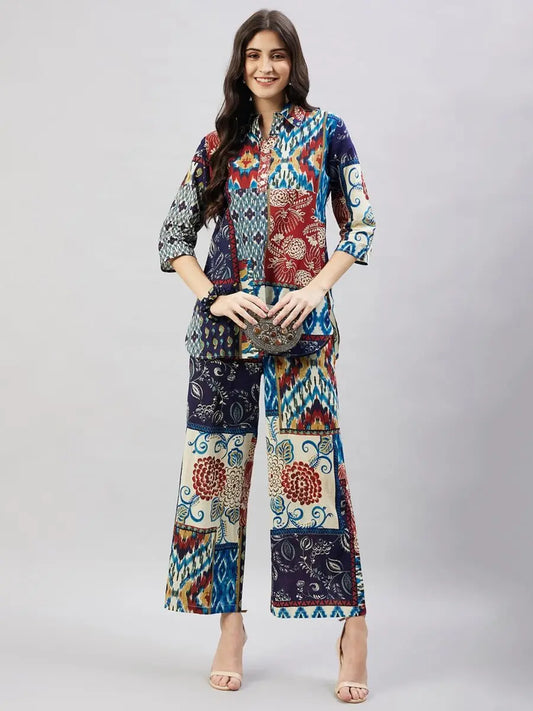 winered-woman-navy-blue-multi-patch-print-collared-co-ord-set