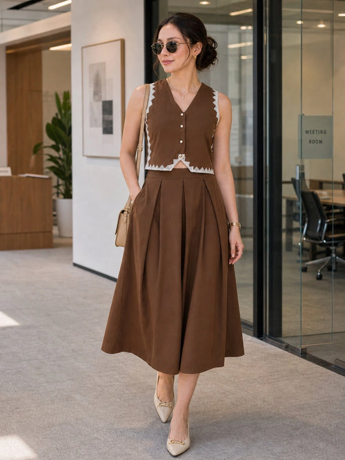 Women Brown Vest & Skirt Co-ord Set