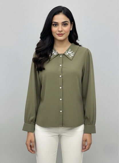 WineRed Women Olive Collared Shirt with Contrast Embriodery