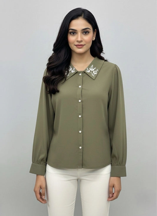WineRed Women Olive Collared Shirt with Contrast Embriodery