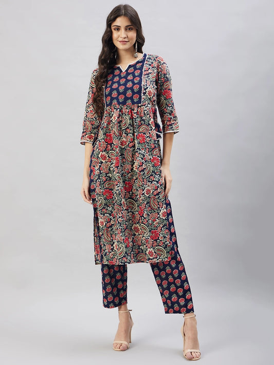 WineRed Woman Navy Blue Floral Print Naira Cut Kurta Set