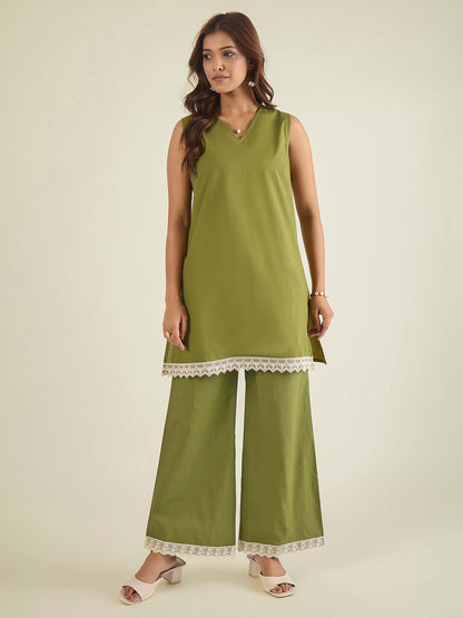women-green-cotton-poplin-lace-detailed-tunic-with-pant-co-ord-set