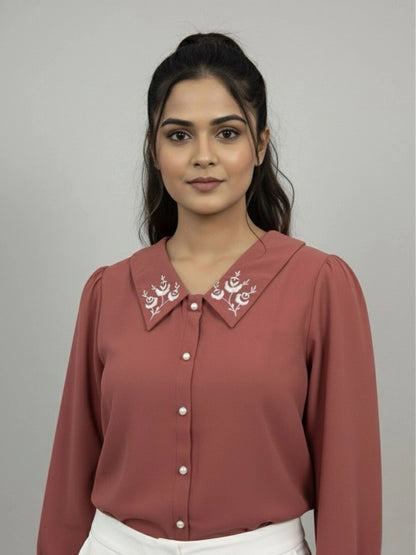 Women Pink Collared Shirt with Contrast Embriodery