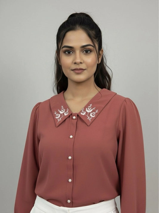 Women Pink Collared Shirt with Contrast Embriodery