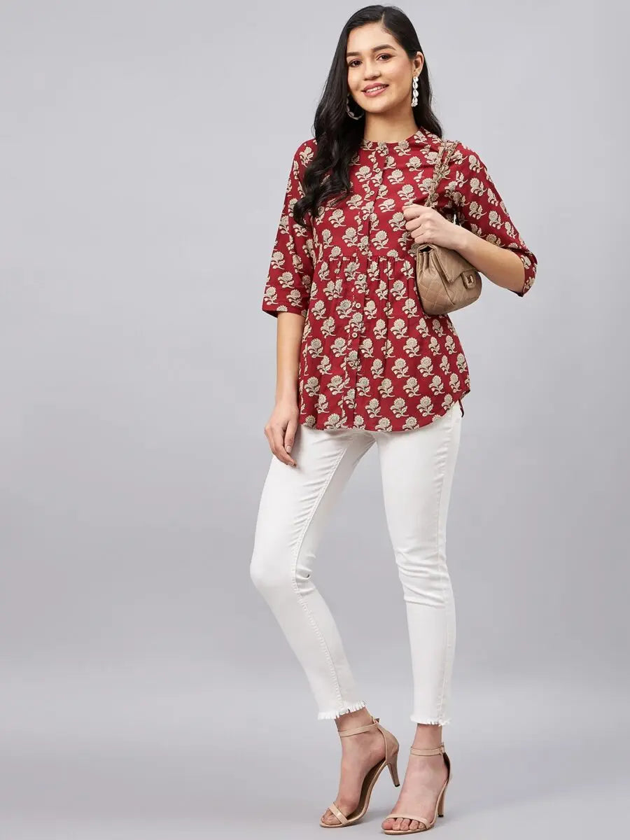winered-woman-maroon-floral-print-front-opening-tunic