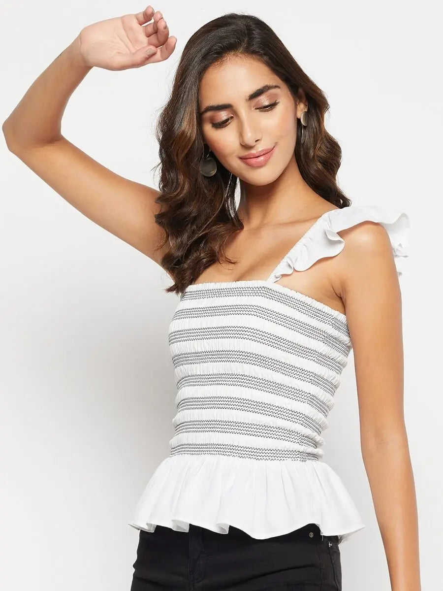 winered-women-flutter-sleeves-contrast-smocking-tops