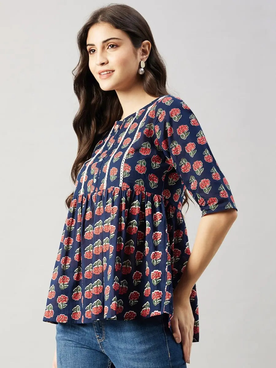 winered-women-blue-floral-print-yoke-lace-top