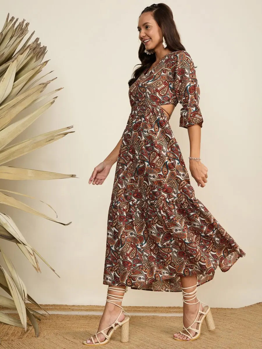 winered-women-paisley-print-waist-cut-out-brown-midi-dress