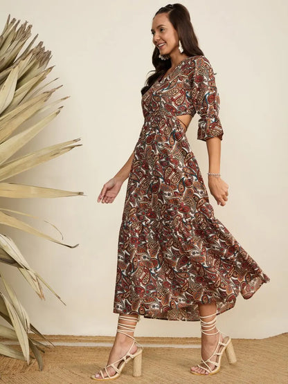 winered-women-paisley-print-waist-cut-out-brown-midi-dress