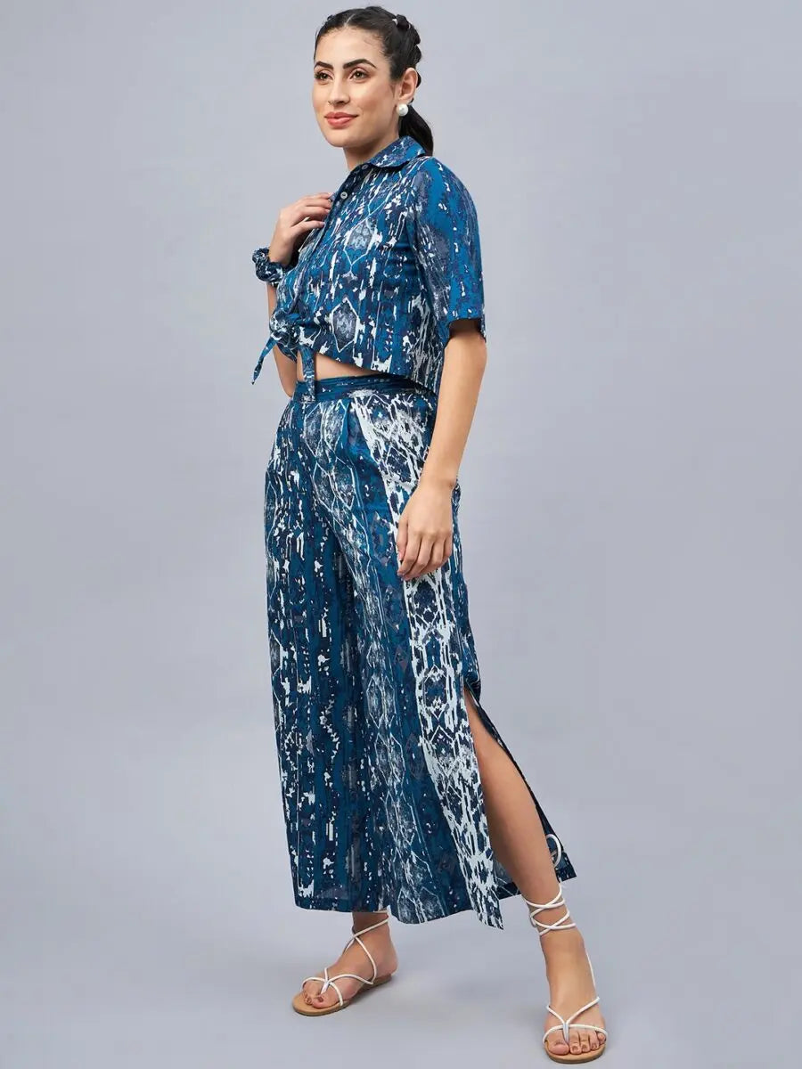 winered-woman-blue-front-knot-crop-shirt-with-flared-pant