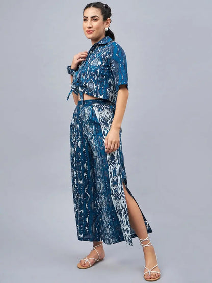 winered-woman-blue-front-knot-crop-shirt-with-flared-pant