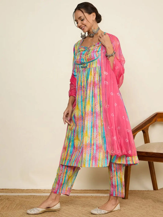 winered-women-printed-ruched-yoke-flare-kurta-pant-dupatta-set