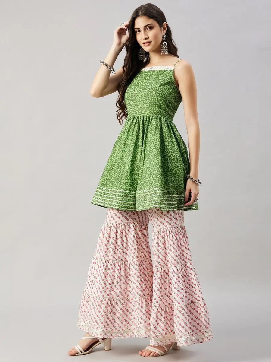 winered-woman-green-flared-kurti-sharara-set