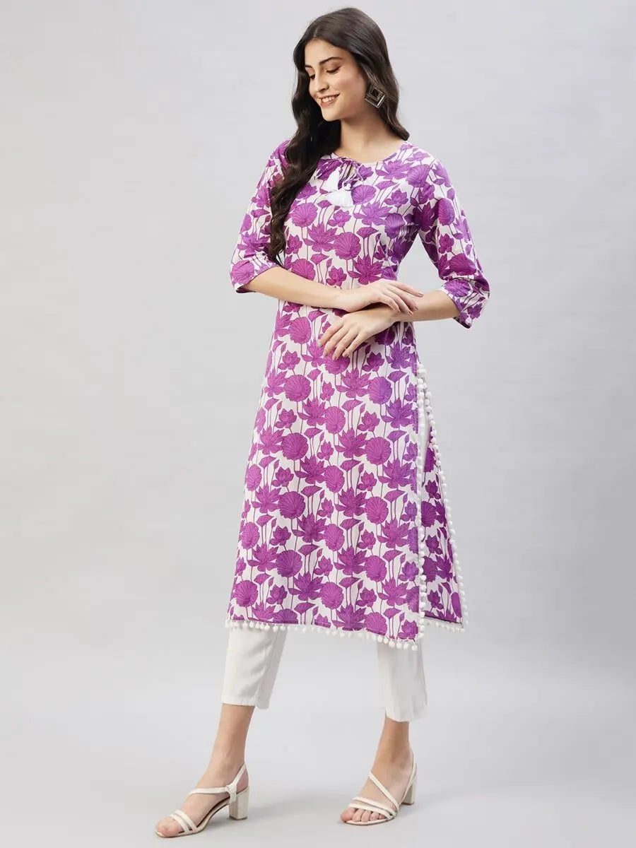 winered-women-purple-cotton-kurta-print-pom-pom-lace