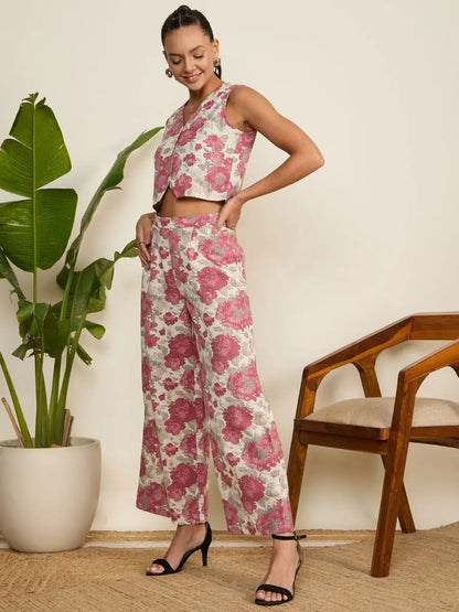 winered-woman-pink-floral-print-waistcoat-pant-co-ord-set
