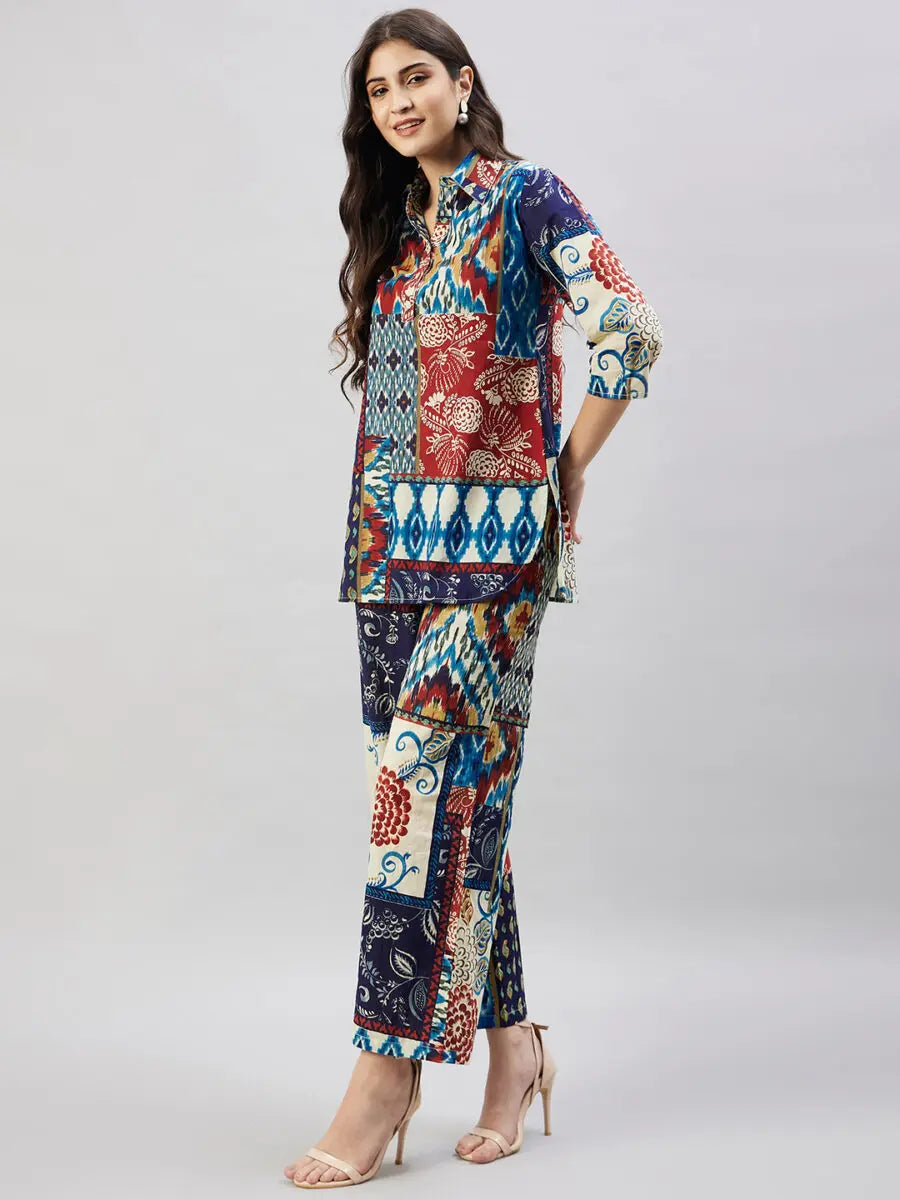 winered-woman-navy-blue-multi-patch-print-collared-co-ord-set