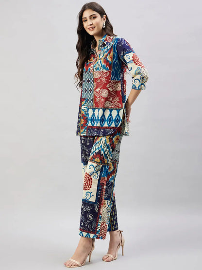 winered-woman-navy-blue-multi-patch-print-collared-co-ord-set