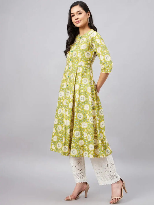 winered-women-yellow-floral-a-line-front-slit-kurta