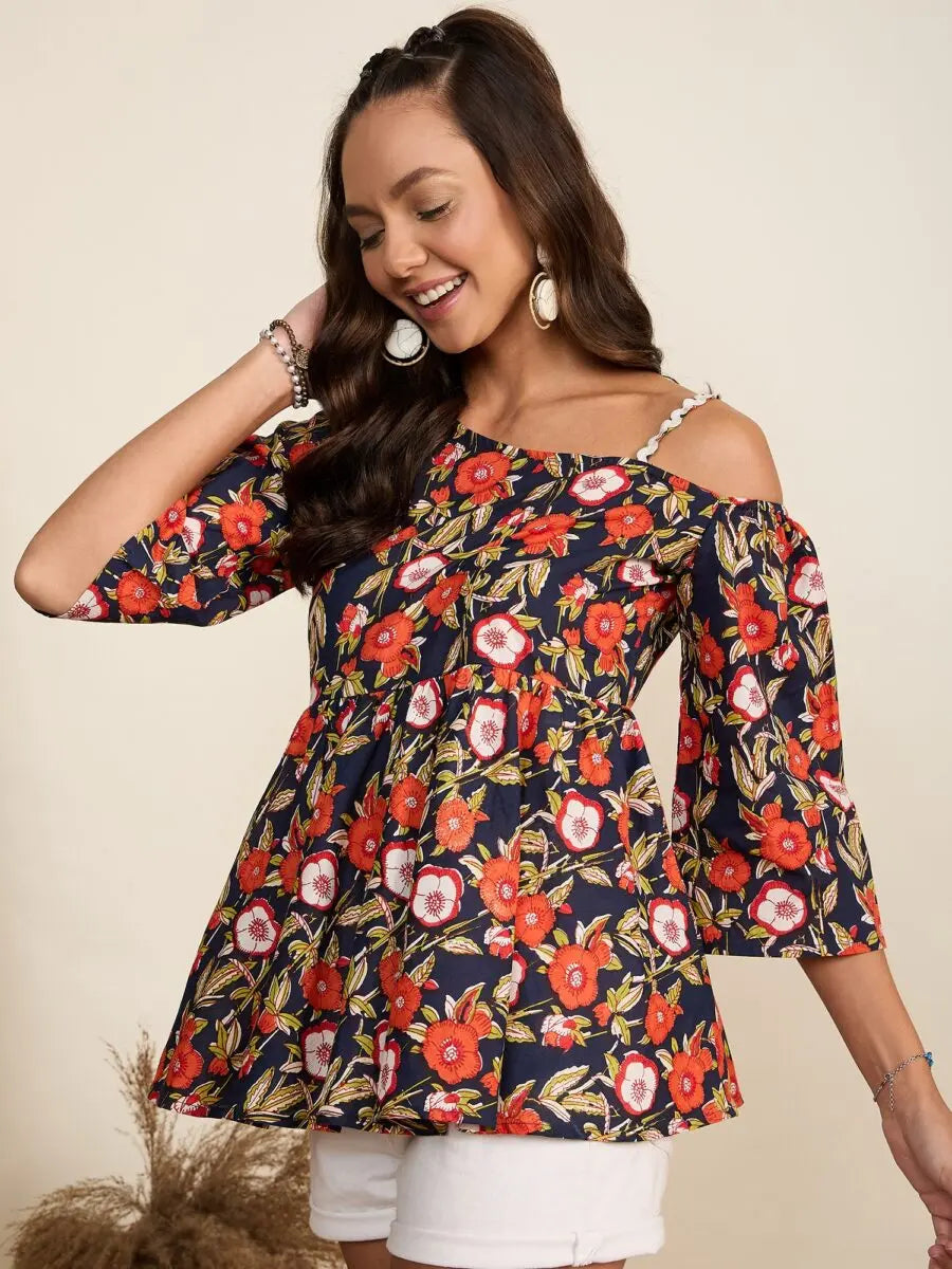 winered-women-navy-blue-floral-print-one-shoulder-top