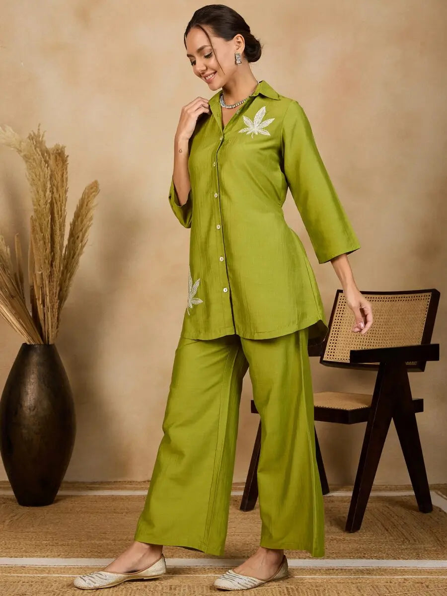 winered-woman-solid-green-leaf-embroidery-co-ord-set