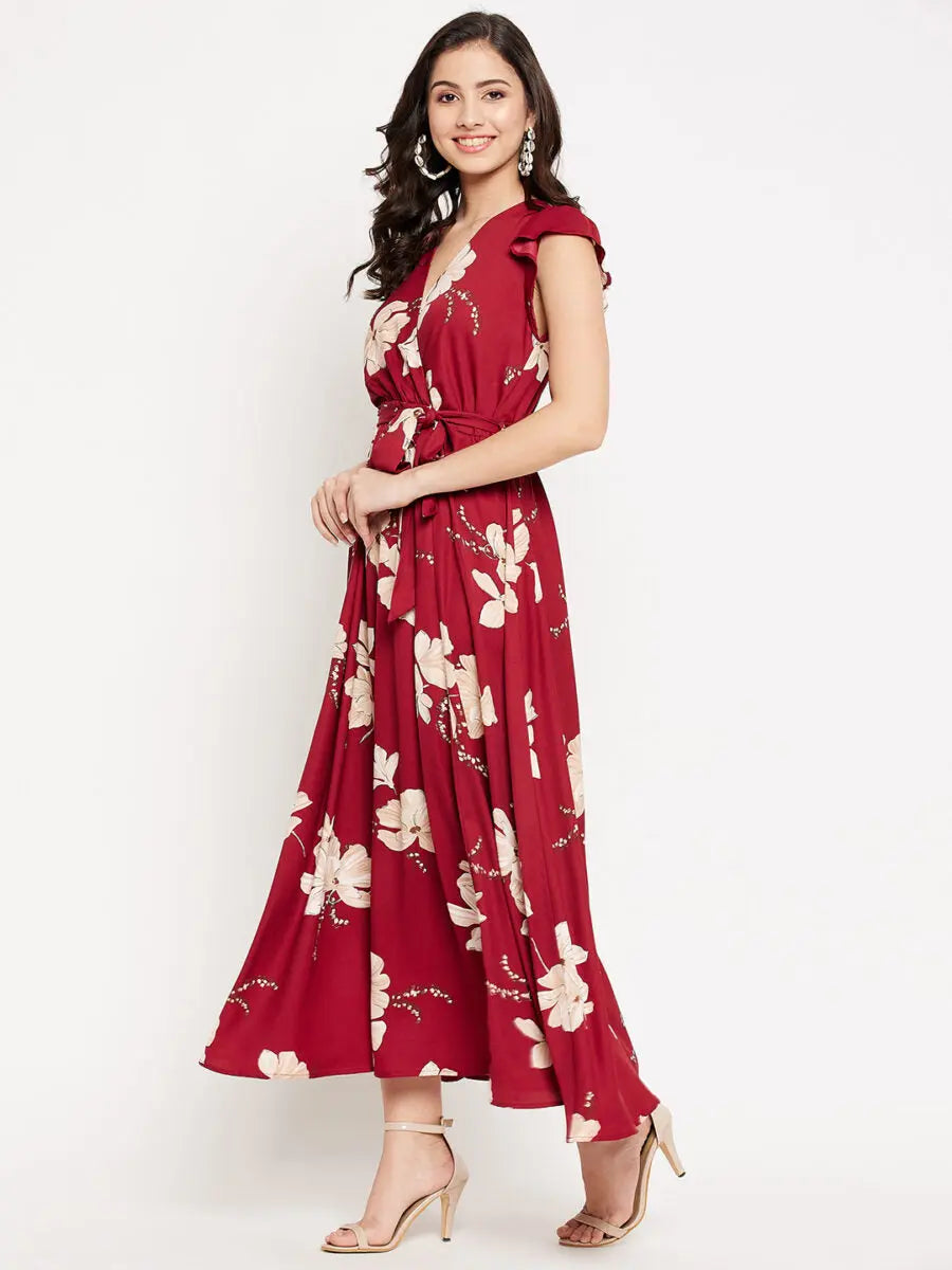 winered-indo-western-style-for-girls-maroon-floral-printed-butterfly-sleeve-belted-dress