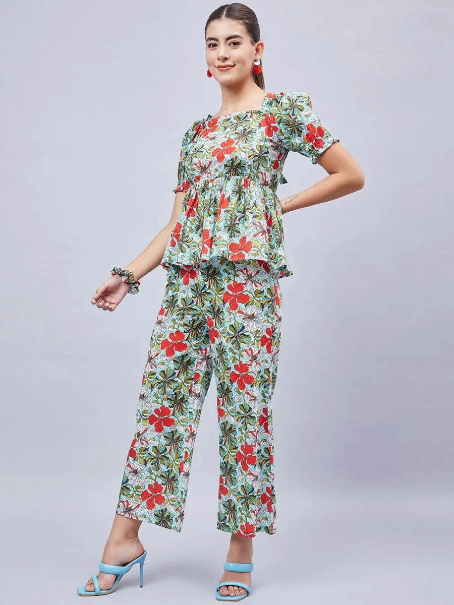 winered-woman-sky-blue-printed-back-tie-up-co-ord-set