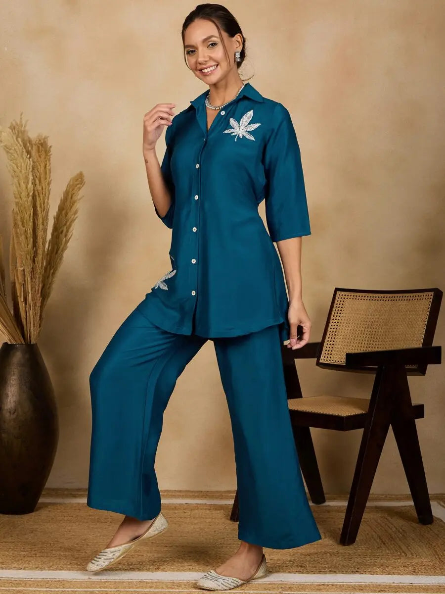 winered-woman-solid-blue-leaf-embroidered-coord-set