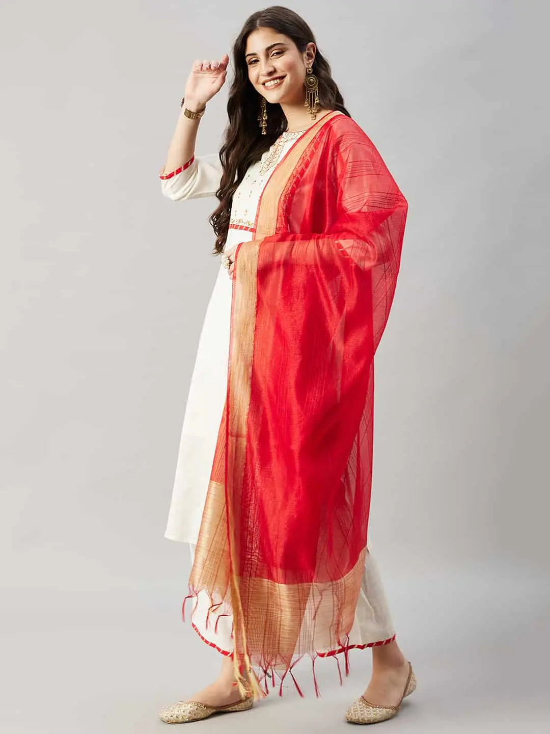 winered-woman-stylish-off-white-with-golden-neck-embroidery-red-dupatta-kurta-and-sets