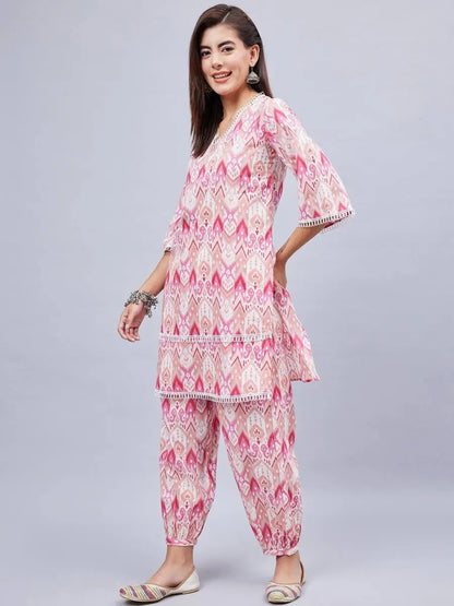 winered-woman-pink-printed-lace-detailing-co-ord-set
