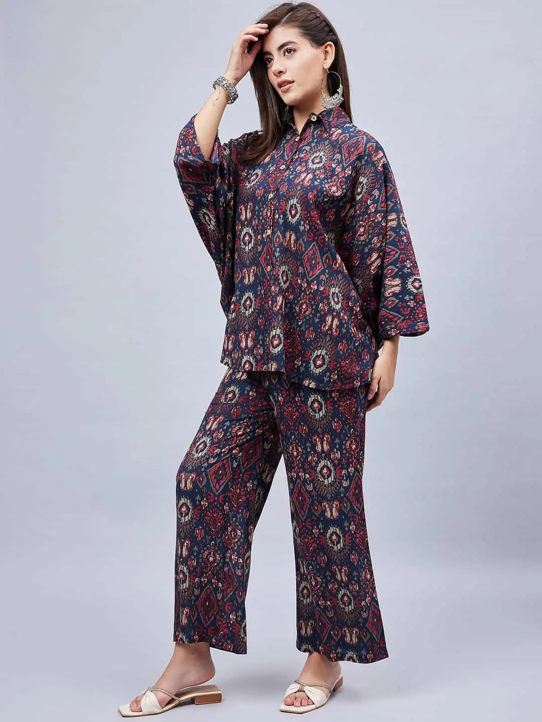 winered-woman-navy-blue-geometric-print-kaftan-ethnic-rayon-cotton-co-ord-set