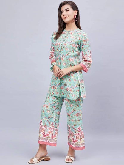 winered-woman-sea-green-printed-border-co-ord-set