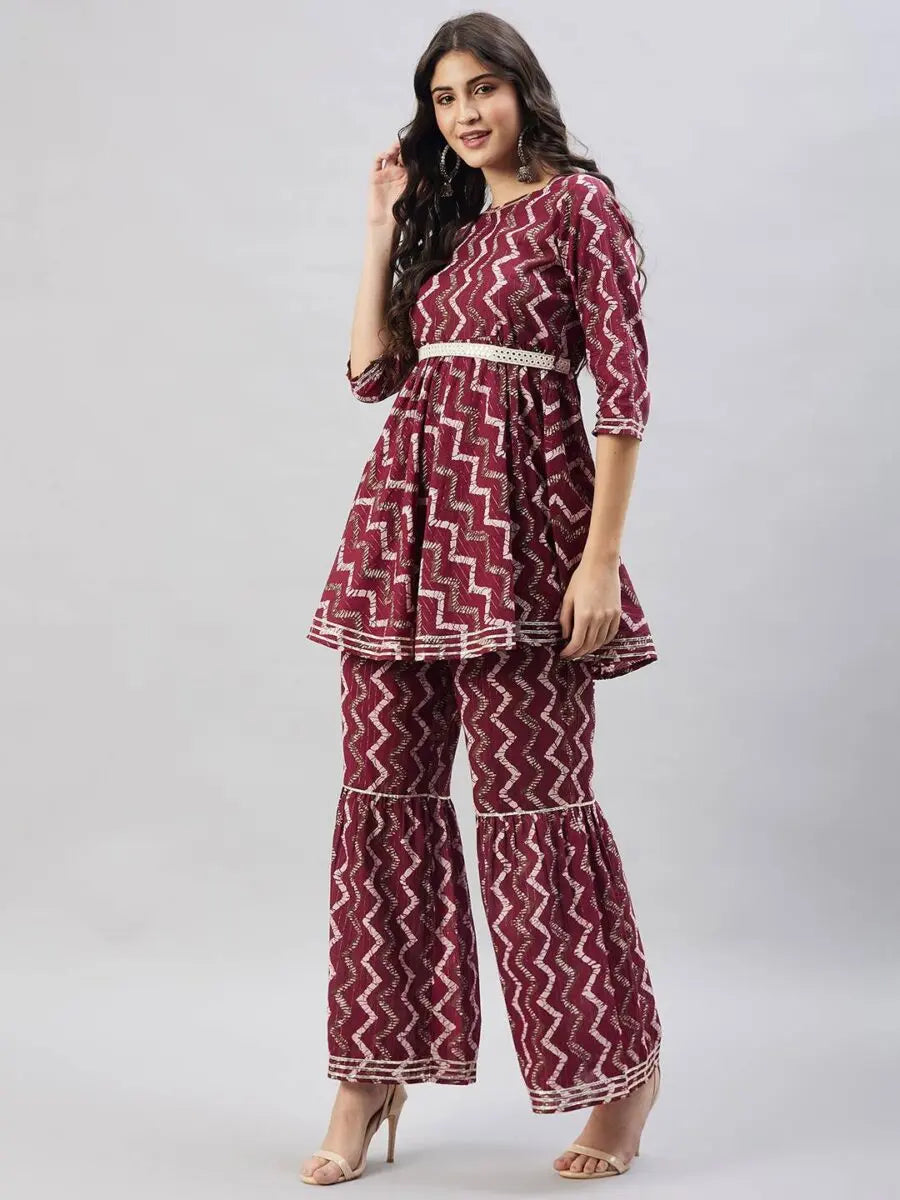 winered-woman-maroon-chevron-print-self-belt-sharara-set