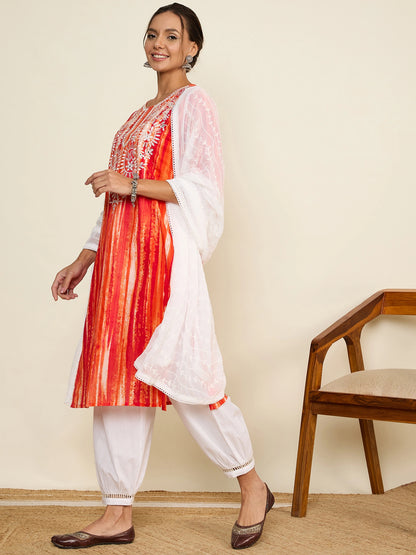 WineRed Woman Orange Embroidered Neck Straight Kurta set with Dupatta